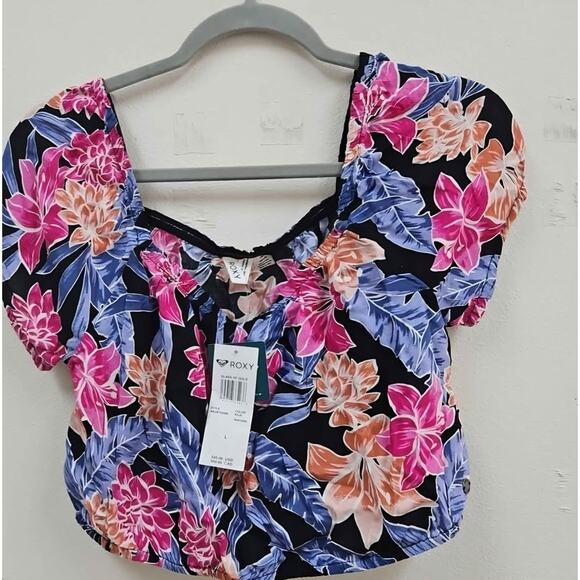 NWT Roxy Tropical Floral Puff Sleeve Crop Top XL Black Pink Blue Summer - Picture 2 of 3
